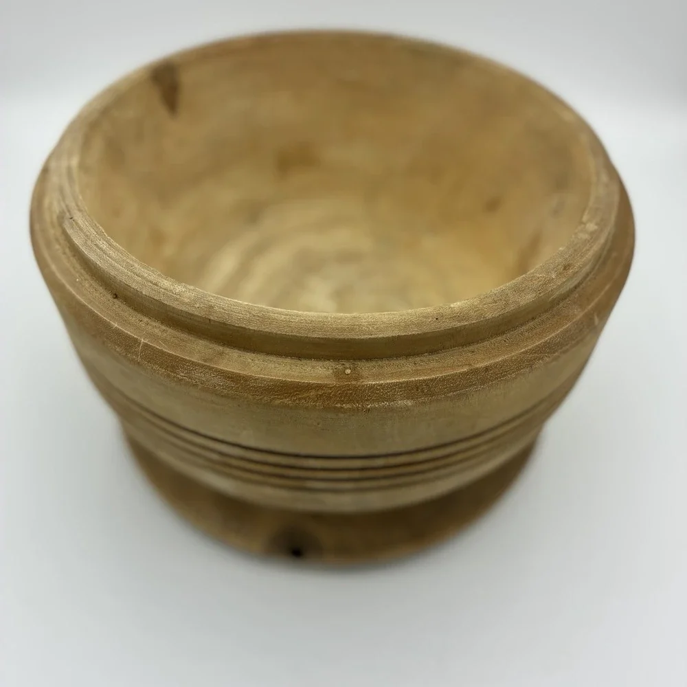 Vintage Hand Turned Wooden Mortar and Pestle Set Banded Rings 7in